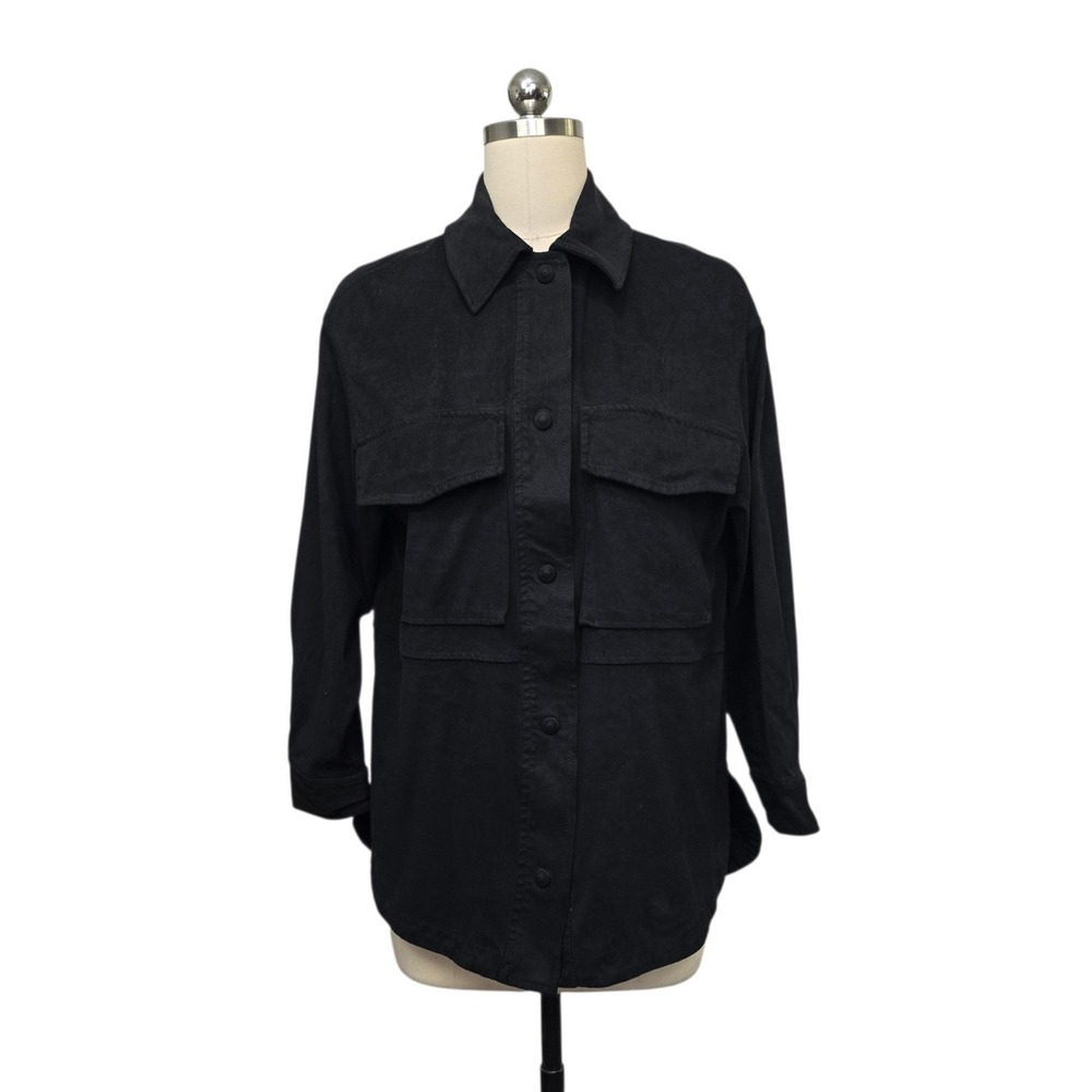 Zara Faux Suede Shacket Black Button Up Utility Shirt Jacket Size XS